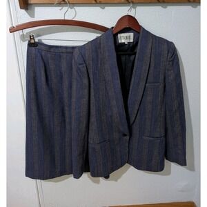 Vintage Spitalnick & Co 100% Pure Wool Skirt Suit Blue Gray Stripe Set Size 8/10